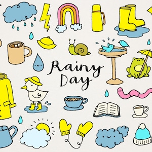 Rainy Day Clipart Illustrations Set - hand drawn cozy home, hot drinks umbrella weather, instant download collection