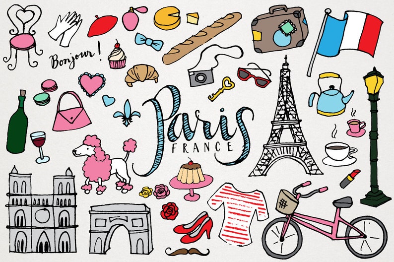 May include: A whimsical illustration of Paris, France, featuring iconic symbols. Includes the Eiffel Tower, a French flag, a bicycle, a poodle, a croissant, and the text "Paris France". Other elements include a beret, a handbag, and a bottle of wine.