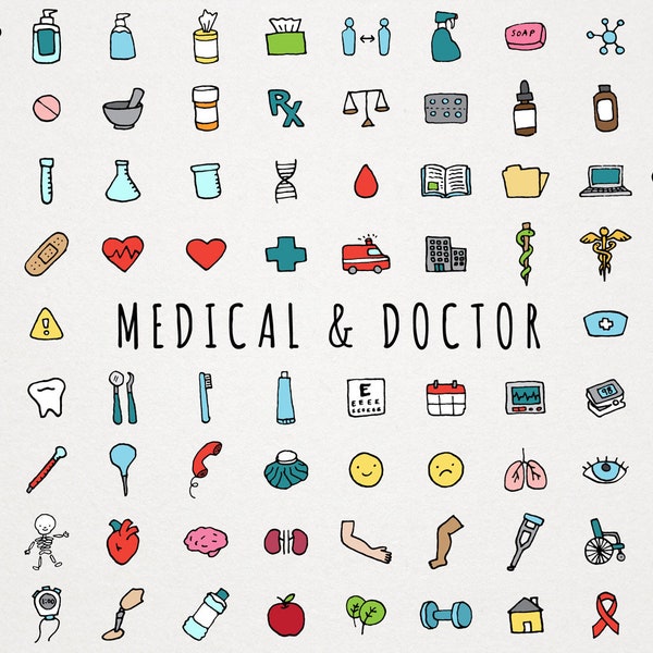 Med & Doctor Icons Clipart Set - handgezeichnete Krankenschwester Clip Art, skizzierte Illustrationen, Download, covid Ersthelfer