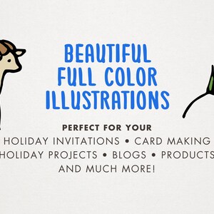 May include: A digital illustration of a goat and a leafy branch. The text "BEAUTIFUL FULL COLOR ILLUSTRATIONS" is in blue text. The text "PERFECT FOR YOUR HOLIDAY INVITATIONS CARD MAKING HOLIDAY PROJECTS BLOGS PRODUCTS AND MUCH MORE!" is in black text.