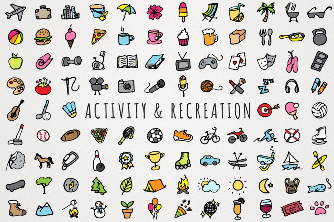 Activity and Recreation Icons Clipart Set Travel Nature Outdoor Food  Fitness Reading Gaming Sports Hobbies Clipart Icons, Instant Download 