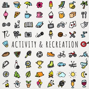 Activity and Recreation Icons Clipart Set - travel nature outdoor food fitness reading gaming sports hobbies clipart icons, instant download