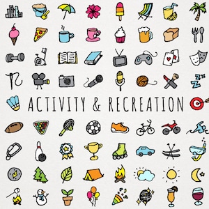 Puede incluir: Una ilustración colorida de más de 100 iconos que representan diversas actividades y recreación. Los iconos incluyen deportes, pasatiempos, viajes y actividades de ocio. El texto "ACTIVITY & RECREATION" está escrito en negro en el centro de la imagen.