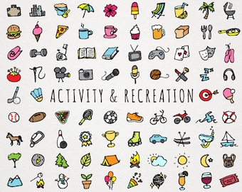 Activity and Recreation Icons Clipart Set - travel nature outdoor food fitness reading gaming sports hobbies clipart icons, instant download