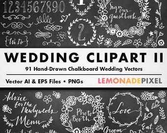 Chalkboard Wedding Clipart II - DIY Wedding Invitation, Wedding Wreaths and Signage, Table Numbers, Hand Drawn Fonts, Hand Drawn Clip Art