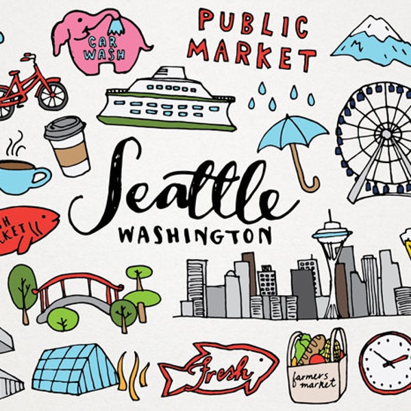 Seattle Clipart - Seattle Washington Clip Art, monuments clipart, city clipart, hand drawn clipart, American Cities, Skyline, landmarks