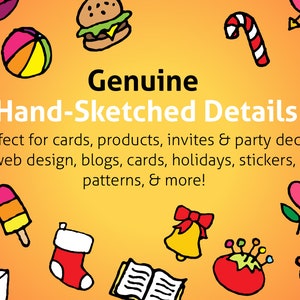 Puede incluir: Una colecci&oacute;n de ilustraciones dibujadas a mano que representan varios objetos, entre ellos una hamburguesa, un bast&oacute;n de caramelo, una campana, una paleta de pintura, un libro, una media, un coraz&oacute;n, un tigre, una taza de caf&eacute;, una pelota, una manzana, un alfiletero y un sobre. El texto "Genuine Hand-Sketched Details" se muestra en el centro de la imagen. El texto "Perfecto para tarjetas, productos, invitaciones y decoraci&oacute;n de fiestas, dise&ntilde;o web, blogs, tarjetas, d&iacute;as festivos, pegatinas, patrones y mucho m&aacute;s!" se muestra debajo del t&iacute;tulo.