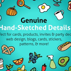 May include: A collection of hand-drawn illustrations featuring various objects, including food, drinks, and household items. The illustrations are in a colorful cartoon style and are perfect for use in digital or printed designs.