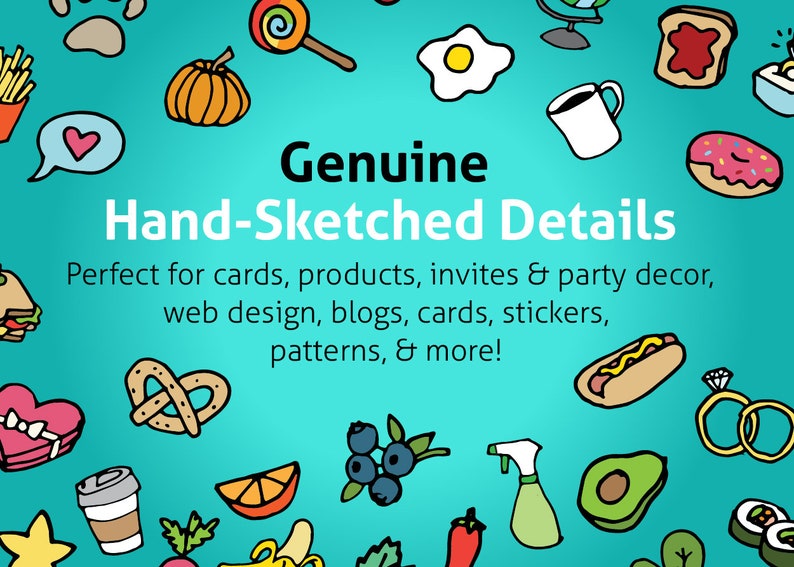 May include: A collection of hand-drawn illustrations featuring various objects, including food, drinks, and household items. The illustrations are in a colorful cartoon style and are perfect for use in digital or printed designs.