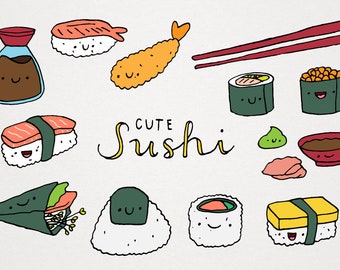 Cute Sushi Clipart Set - kawaii sushi illustrations, Japanese food clip art, commercial use, restaurant menu, planner stickers, printable