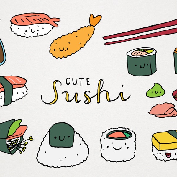 Cute Sushi Clipart Set - kawaii sushi illustrations, Japanese food clip art, commercial use, restaurant menu, planner stickers, printable