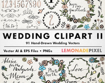 Wedding Clipart II - Floral clip art, hand drawn wedding, rustic wedding, boho clipart, casual wedding art, wedding embellishments