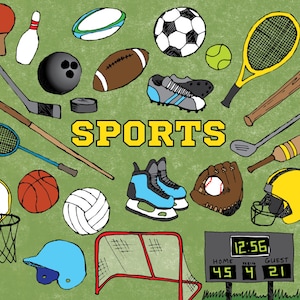 May include: A colorful illustration of various sports equipment, including a basketball, baseball, soccer ball, golf clubs, a bowling pin, a hockey stick, a tennis racket, a football, a baseball glove, a hockey skate, a volleyball, a badminton racket, a cricket bat, a baseball cap, a football helmet, a score board, and a jersey. The word "SPORTS" is written in yellow letters.