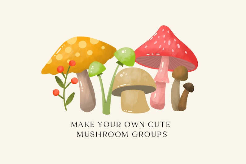 Puede incluir: Un grupo de setas de dibujos animados de colores con detalles rojos, amarillos, marrones y verdes. Las setas est&aacute;n dispuestas en fila con el texto "MAKE YOUR OWN CUTE MUSHROOM GROUPS" debajo.