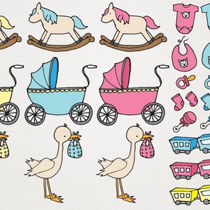May include: A set of baby shower clip art illustrations featuring rocking horses, strollers, baby clothes, and other baby-related items. The illustrations are drawn in a cartoon style with bright colors.