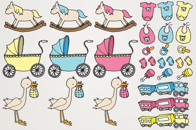 May include: A set of baby shower clip art illustrations featuring rocking horses, strollers, baby clothes, and other baby-related items. The illustrations are drawn in a cartoon style with bright colors.