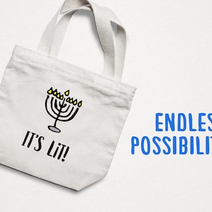 May include: White tote bag with a black and yellow menorah illustration and the text "It's Lit!" printed on the front. The text "Endless Possibilities!" is printed in blue on a white background.