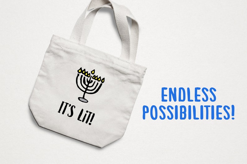 May include: White tote bag with a black and yellow menorah illustration and the text "It's Lit!" printed on the front. The text "Endless Possibilities!" is printed in blue on a white background.