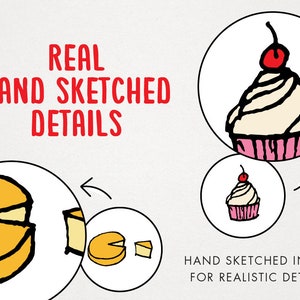 May include: Hand-sketched illustrations of food items, including a cupcake with a cherry on top and a wedge of cheese. The text reads "REAL HAND SKETCHED DETAILS" and "HAND SKETCHED IN PEN FOR REALISTIC DETAILS."