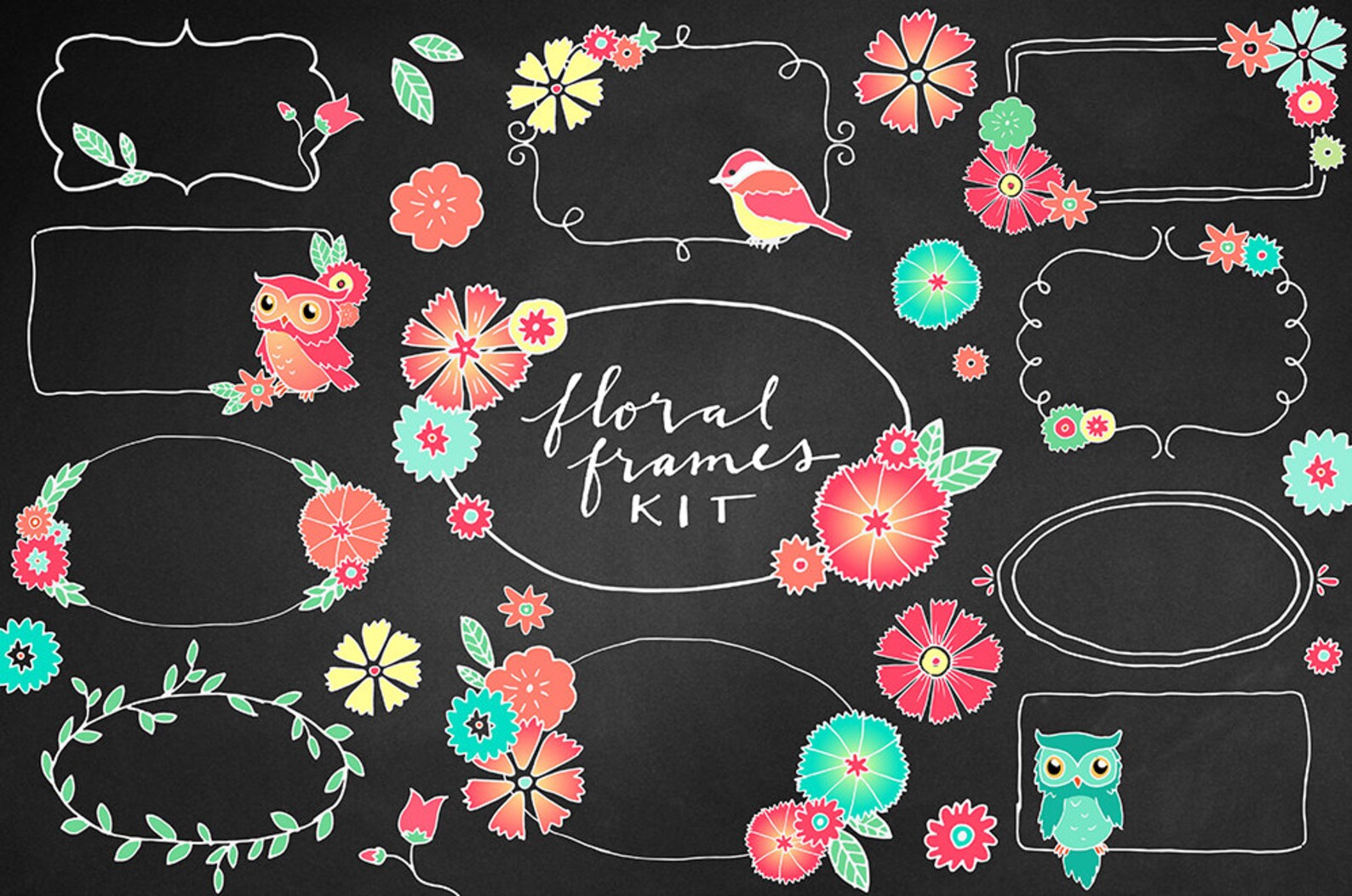 Chalkboard Floral Frames Clipart colorful flowers borders | Etsy