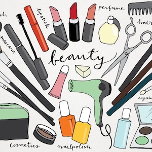 May include: A collection of beauty and makeup products including lipstick, mascara, blush, nail polish, eyeshadow, perfume, hairbrush, and a hair dryer. The word "beauty" is written in cursive.