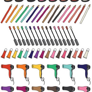 May include: A collection of colorful makeup and beauty products, including lipsticks, eyeshadow palettes, nail polish, eyeliner pencils, mascara wands, lip gloss tubes, and hair dryers. The products are arranged in rows and columns, with a variety of colors and designs.
