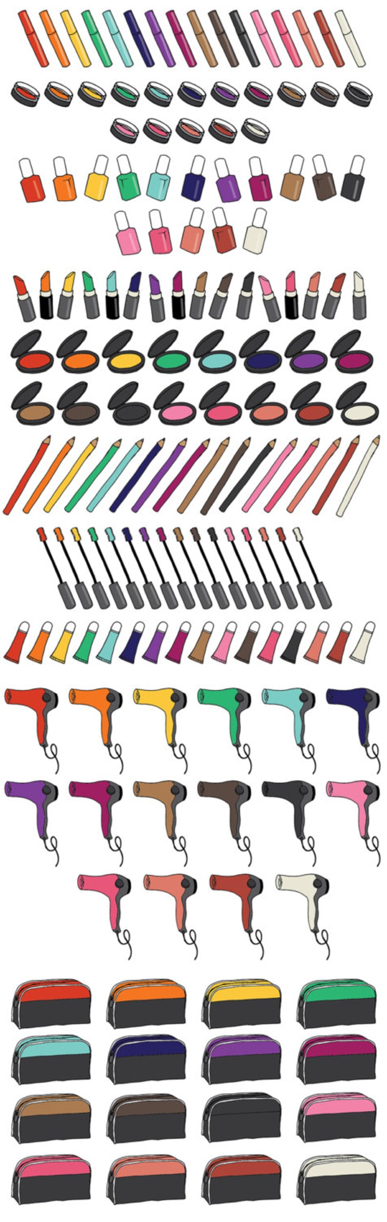 May include: A collection of colorful makeup and beauty products, including lipsticks, eyeshadow palettes, nail polish, eyeliner pencils, mascara wands, lip gloss tubes, and hair dryers. The products are arranged in rows and columns, with a variety of colors and designs.
