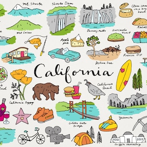 Set di clipart di illustrazioni della California - Monumenti statali e punti di riferimento della città disegnati a mano