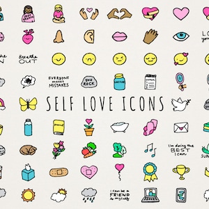 Self Love Icons Clipart Set - autocuidado, salud mental, terapia de autoestima descarga digital