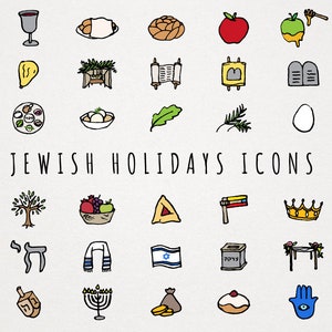 Ensemble de cliparts d'icônes des fêtes juives - dessinés à la main, Pessah Shabbat Roch Hachana Yom Kippour Souccot Hanoukka, clipart téléchargement immédiat