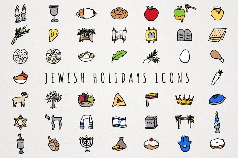 May include: A set of 36 hand-drawn icons representing various Jewish holidays and traditions. The icons are in black, white, red, blue, green, yellow, and orange. The icons include a menorah, dreidel, challah, matzah, apples, honey, and more.