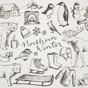 K&ouml;nnte beinhalten: Eine Sammlung handgezeichneter Illustrationen, die ein Winterwunderland darstellen. Die Illustrationen zeigen einen B&auml;ren, einen Elch, einen Pinguin, einen Schneemann, eine H&uuml;tte, einen Kamin, einen Vogel, eine Schneeflocke, ein Paar Schlittschuhe, einen Schlitten, eine Winterm&uuml;tze, ein Paar F&auml;ustlinge, einen Schal, ein Paar Ohrensch&uuml;tzer, einen Lebkuchenmann, eine Axt, eine Schaufel und einen Holzscheit. Der Text "Northern Winter" ist in Kursivschrift geschrieben.