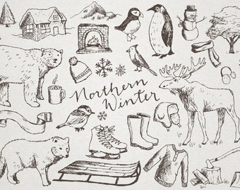 Hand Drawn Winter Clipart &quot;Northern Winter&quot; moose clip art, cold weather clipart, penguin, sled, snow, polar bear, snowflakes, scrapbooking
