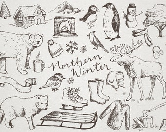 Hand Drawn Winter Clipart "Northern Winter" moose clip art, cold weather clipart, penguin, sled, snow, polar bear, snowflakes, scrapbooking