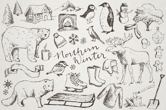 Hand Drawn Winter Clipart "Northern Winter" moose clip art, cold weather clipart, penguin, sled, snow, polar bear, snowflakes, scrapbooking