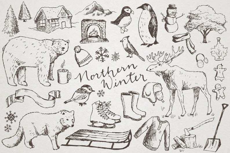K&ouml;nnte beinhalten: Eine Sammlung handgezeichneter Illustrationen, die ein Winterwunderland darstellen. Die Illustrationen zeigen einen B&auml;ren, einen Elch, einen Pinguin, einen Schneemann, eine H&uuml;tte, einen Kamin, einen Vogel, eine Schneeflocke, ein Paar Schlittschuhe, einen Schlitten, eine Winterm&uuml;tze, ein Paar F&auml;ustlinge, einen Schal, ein Paar Ohrensch&uuml;tzer, einen Lebkuchenmann, eine Axt, eine Schaufel und einen Holzscheit. Der Text "Northern Winter" ist in Kursivschrift geschrieben.