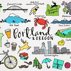 Portland & Oregon Clipart - City Clip Art, US state clipart, hand drawn clipart, Oregon landmarks, Portland skyline, Commercial use clipart