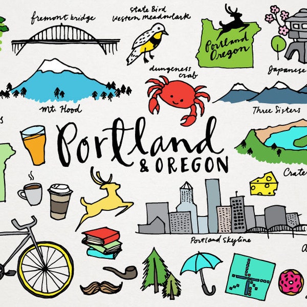 Clipart Portland & Oregon - clipart ville, clipart État américain, clipart dessinés à la main, monuments de l'Oregon, les toits de Portland, clipart usage commercial