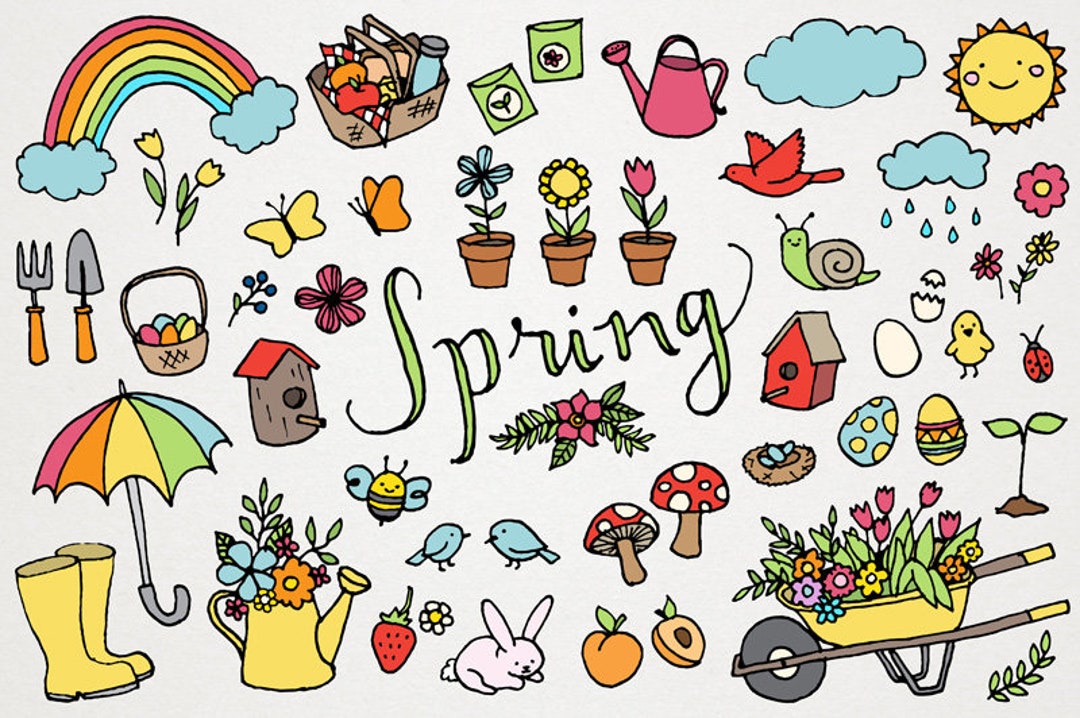 Spring Clipart Set Springtime Clip Art, Flowers and Gardening, Hand