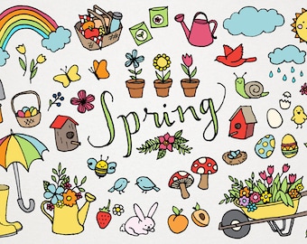 Spring Clipart Set - Springtime Clip art, flowers and gardening, hand drawn clipart, rainbow, sunshine, baby animals, floral clipart, Easter