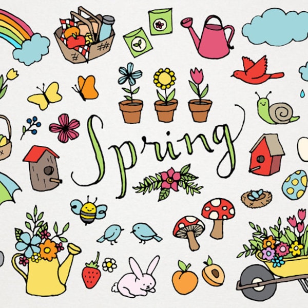 Spring Clipart Set - Springtime Clip art, flowers and gardening, hand drawn clipart, rainbow, sunshine, baby animals, floral clipart, Easter
