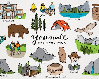 Yosemite National Park Clipart Set - Half Dome, El Capitan, digital download, outdoorsy, scrapbooking, hand drawn illustrations, hiking