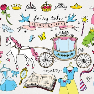 Fiaba e principessa Clipart - clip art disegnate a mano, castello magico, cavallo e carrozza, baby shower, clipart per bambini, clipart per feste per bambine