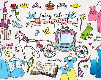 Fairy Tale & Princess Clipart - hand drawn clip art, magical castle, horse and carriage, baby shower, kids clipart, baby girl party clipart