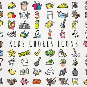 Kids Chores Icons Set - daily tasks, organizer clipart, chore chart clipart, hand drawn clipart, printable stickers, toddler chores