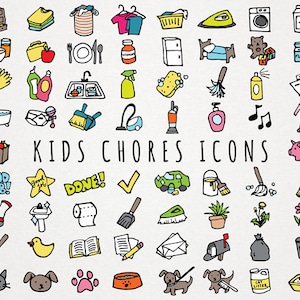 Kids Chores Icons Set - daily tasks, organizer clipart, chore chart clipart, hand drawn clipart, printable stickers, toddler chores