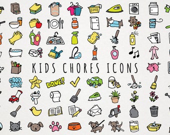 Kids Chores Icons Set - daily tasks, organizer clipart, chore chart clipart, hand drawn clipart, printable stickers, toddler chores