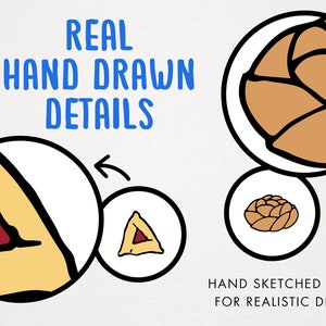 May include: Close-up of two hand-drawn illustrations of challah bread. The first illustration shows a challah with a red triangle inside. The second illustration shows a challah with a brown, braided design. The text "REAL HAND DRAWN DETAILS" is written in blue letters above the illustrations. The text "HAND SKETCHED IN PEN FOR REALISTIC DETAILS" is written below the illustrations.