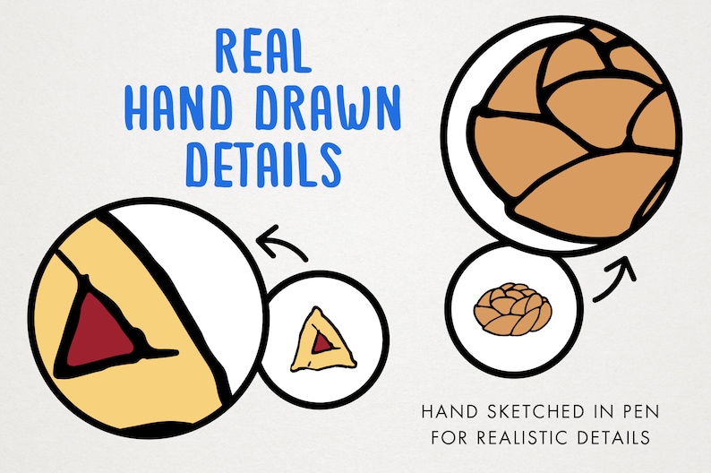 May include: Close-up of two hand-drawn illustrations of challah bread. The first illustration shows a challah with a red triangle inside. The second illustration shows a challah with a brown, braided design. The text "REAL HAND DRAWN DETAILS" is written in blue letters above the illustrations. The text "HAND SKETCHED IN PEN FOR REALISTIC DETAILS" is written below the illustrations.