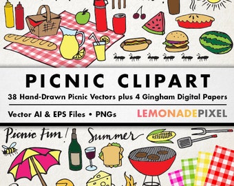 Picnic Clipart - picnic party theme, summer party grill clip art, gingham digital papers, printable paper, download scrapbook element